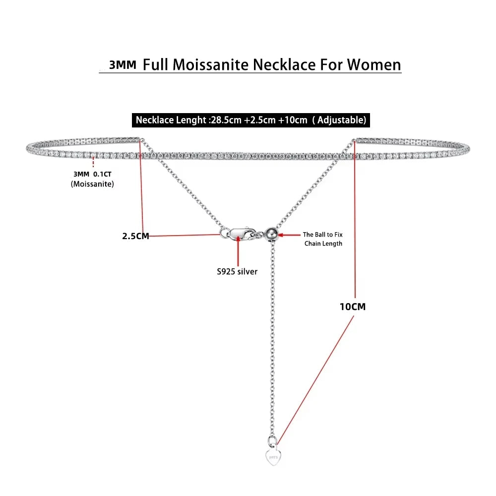 Women's Adjustable Rhodium Plated Fine Jewelry S925 Sterling Silver GRA 3mm D VVS1 Moissanite Tennis Necklace Choker