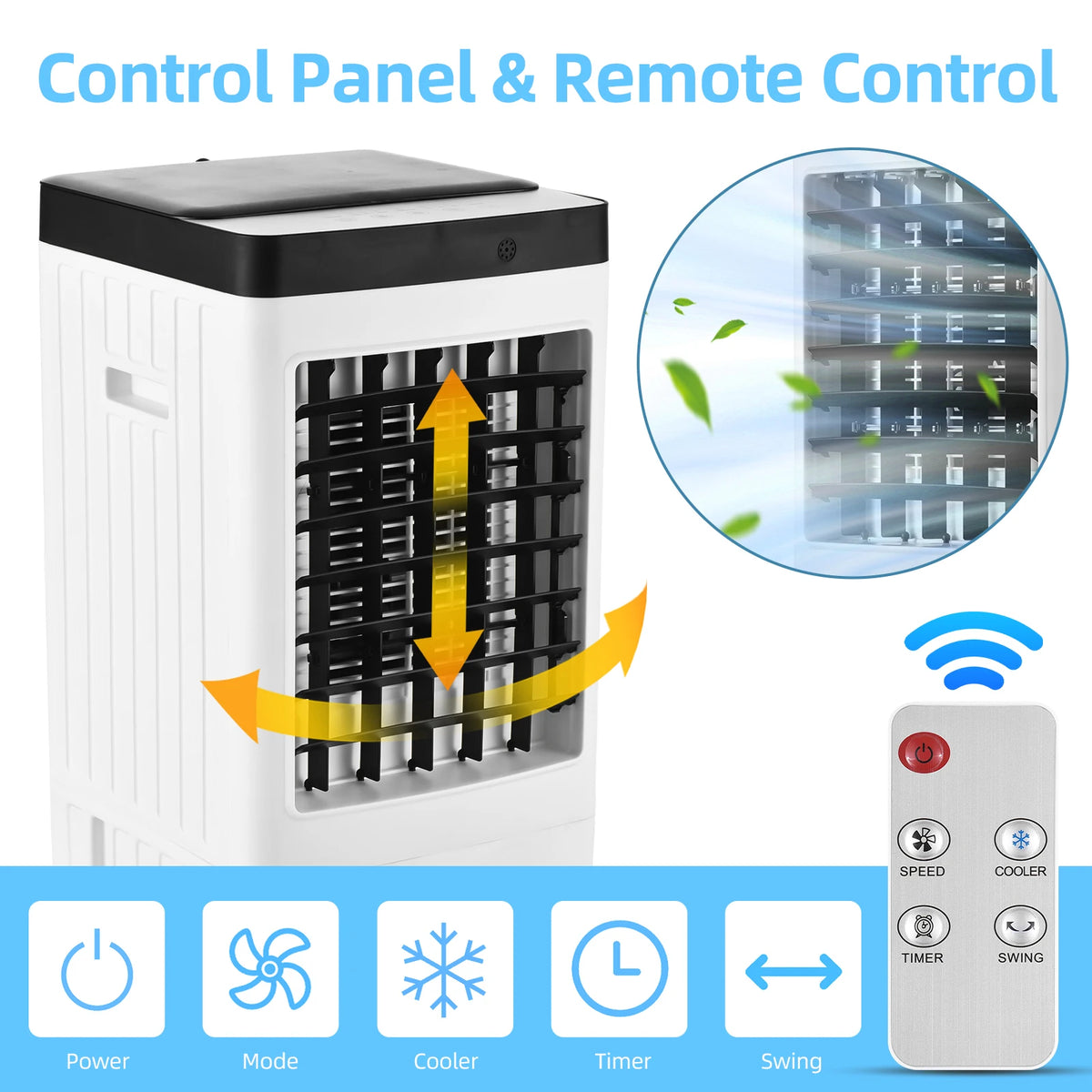 Evaporative Air Cooler 100° Oscillation Swamp Cooler with Remote Control / 2 Ice Boxes / 2.11 Gal Water Tank 1-7H Timer