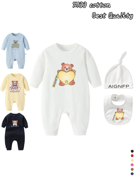 Cute Bear Jumpsuit Newborns Autumn Clothes 2025 Hot Sale New Soft Bib scarf Hat Toddler Romper Sets Baby Long sleeves Bodysuits