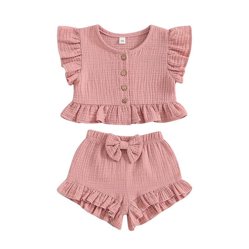 Pudcoco Little Girl 2 Piece Summer Set, Fly Sleeve Button Down Ruffled Tops Bow Elastic Waist Shorts Baby Toddler Set 6M-4T