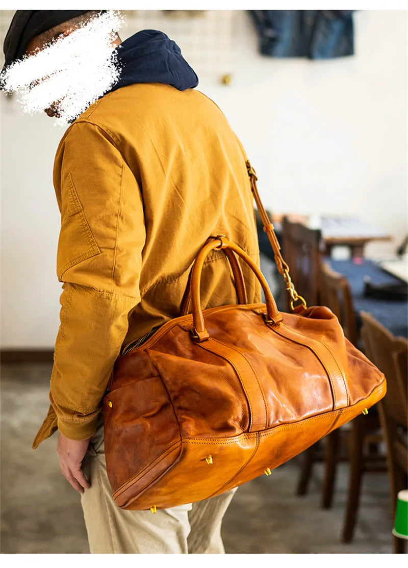 Vintage fashion luxury genuine leather men's travel bag outdoor weekend large capacity crossbody bag real cowhide women handbag