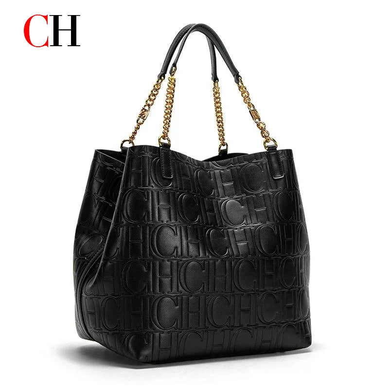 CH Tote Bag For Women Luxury Designer Handbag Fashion Embossed Leather Shoulder Bag Elegant Gold Chain Tote Bag For Daily Use