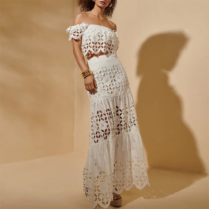Flaxmaker Sexy Strapless Hollowed Bikini Swimsuit Solid Sleeveless Vest Straight Skirt Suit Female Summer Chic Casual Sets