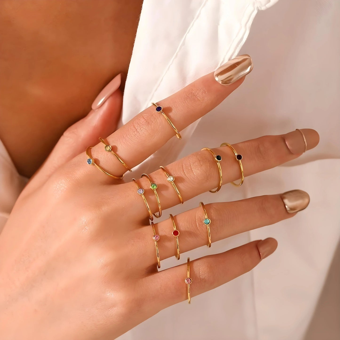 14K Gold Plated Stainless Steel Birthstone Ring for Women Tiny Thin Stacking Ring Colorful Zircon Crystal Aesthetic Jewelry Gift
