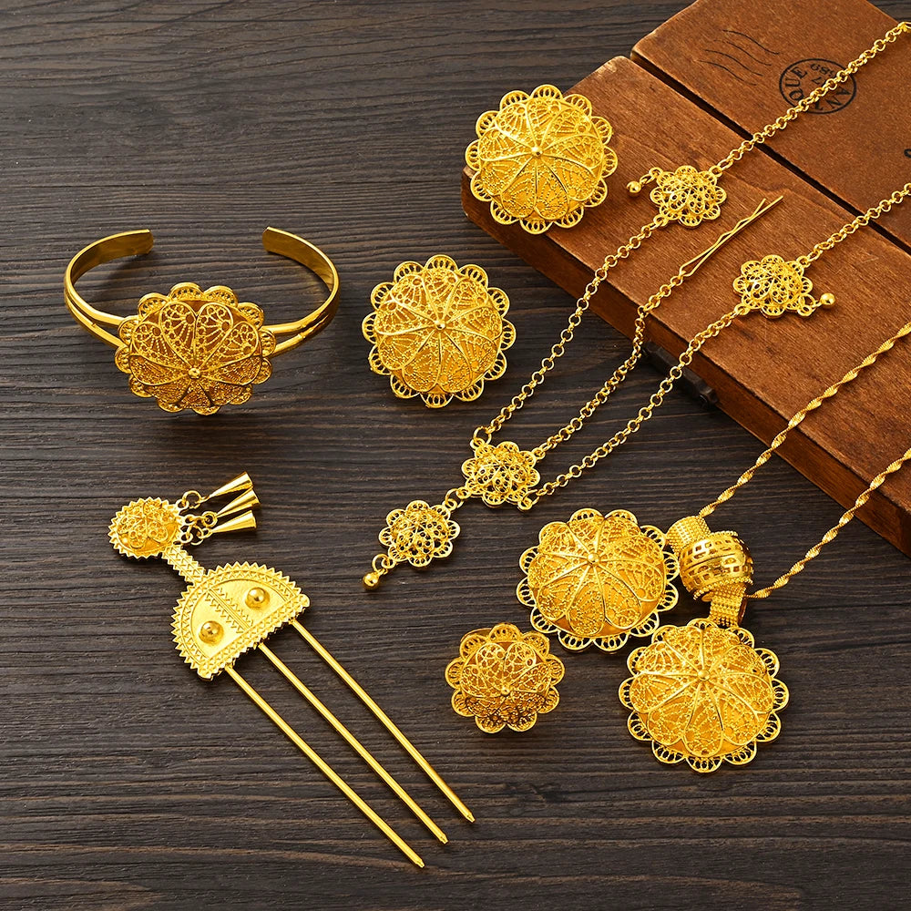 Luxury Golden Plated Bridal Jewelry Sets for Women Ethiopian Pendant Hairpin Necklace Earrings Bangle Ring Wedding Gift