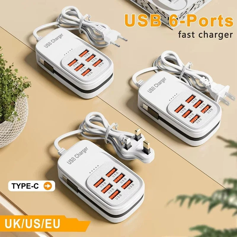 New USB Charger 6-in-1 Power Strip Desktop Charging Station With Fast Charging Cord EU US Plug USB/C HUB Adapter Socket 3PD 3USB