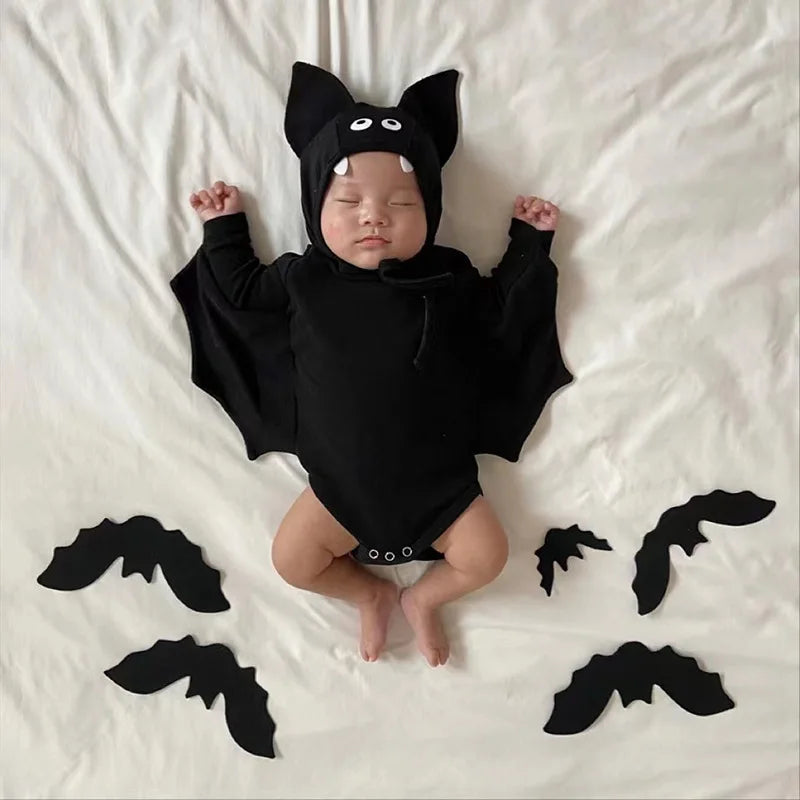 2025 New Baby Halloween Clothes Set Boys Girls Cute Bat Sleeve Bodysuit + Hat  Toddler Fashion Kids Halloween Party Clothing