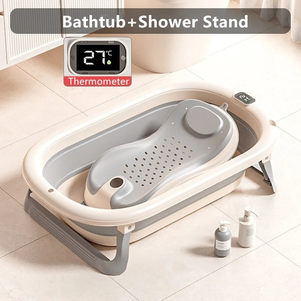 Baby Bathtub WIth Nonslip Lines Collapsible Space Saving Baby Lying Sitting with Seat Support Cushion Stand Folding Baths