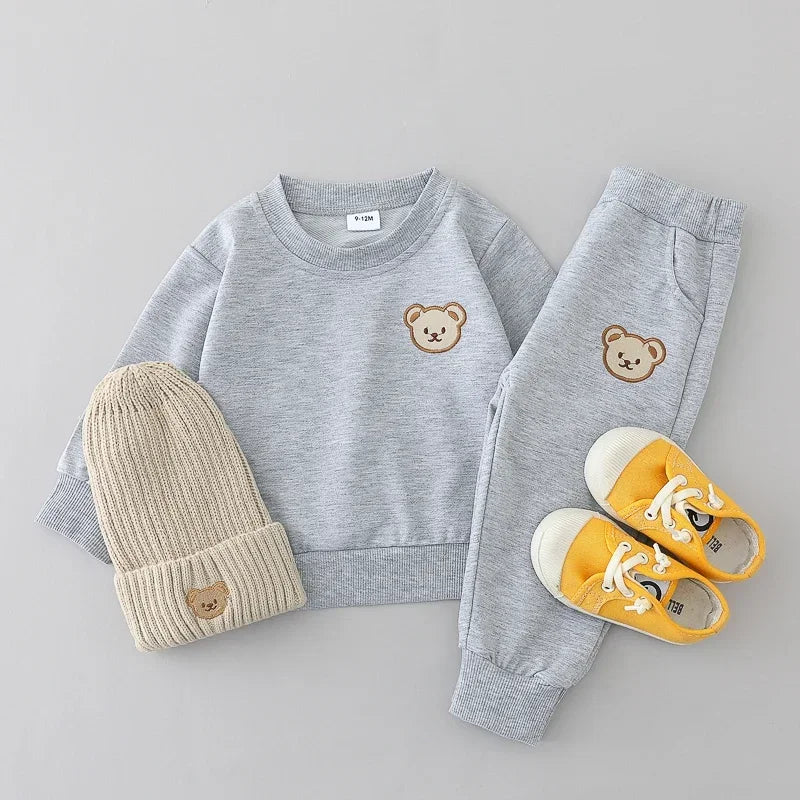 2PCS Children's Set Spring and Autumn Simple Little Bear Head Round Neck Long Sleeve Pants Outdoor Set for Young Children