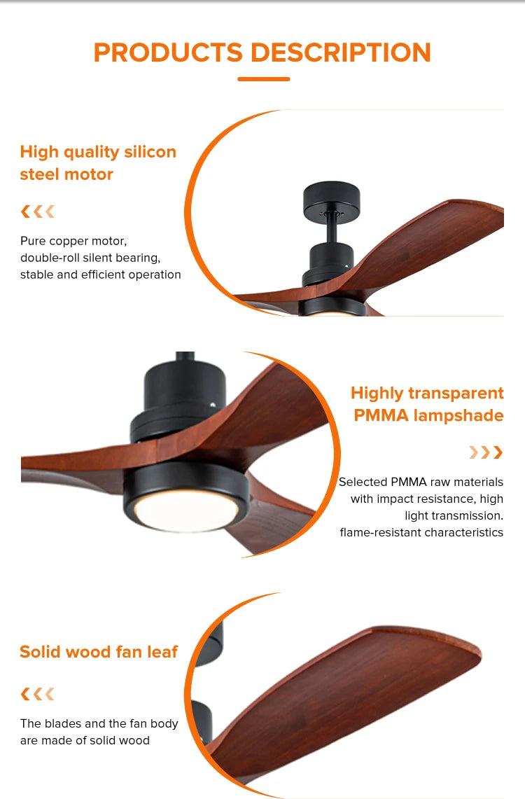 42/52-Inch LED Ceiling Fan Light Simple Wooden Blade Design for Home and Commercial Decor Remote Control for Living Room