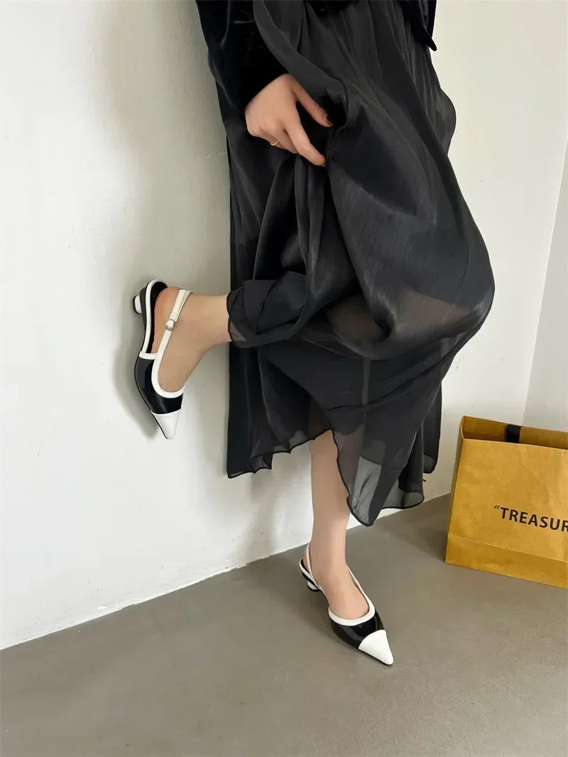 Designer Black White Mixed Color Low Heeled Sandals Women Sexy Pointed Toe Slingbacks Chunky High Heels for Women Elegant Heels