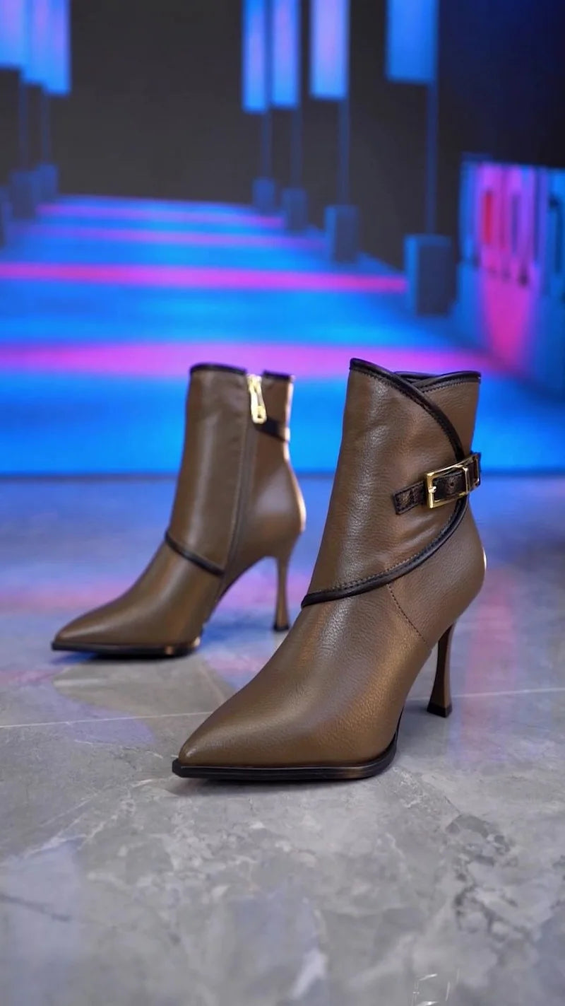 FHC New Women Ankle Boots,High Heeled Short Botas,Fashion Buckle Winter Shoes,Pointed Toe,34-39,Black,Brown,Dropship