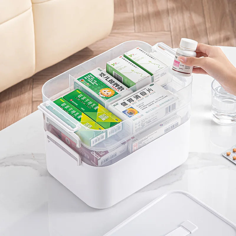 Multi-Layer Medicine Storage Box - Portable Home Emergency Organizer with Snap Closure, Durable Plastic Material, for Storing and Organizing Medicines and Miscellaneous Items