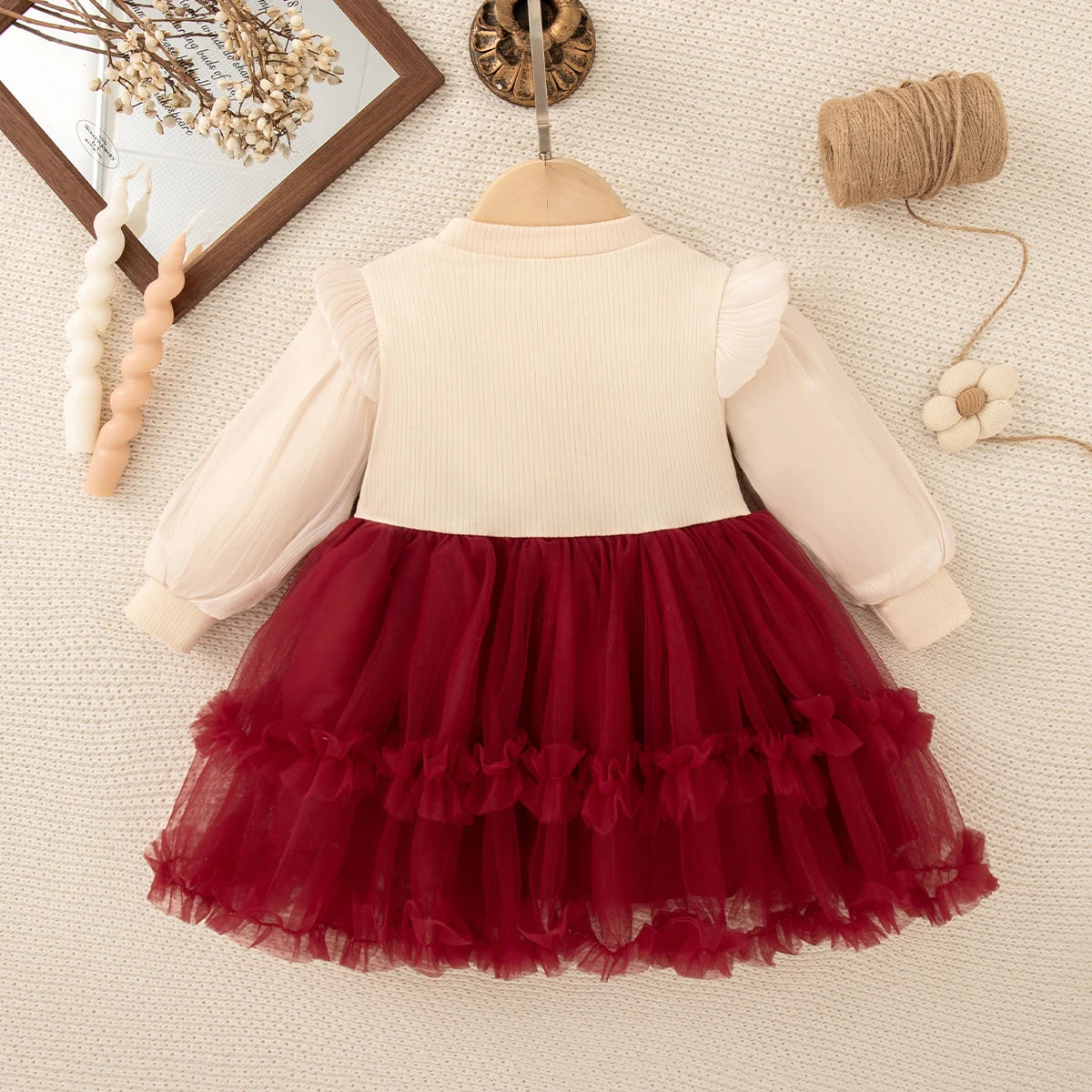 Baby Girl Dress Fall/Winter Bow-Trim Tulle Long-Sleeve Girl Dress Adorable Christmas Baby Dress Baby Girl Clothing