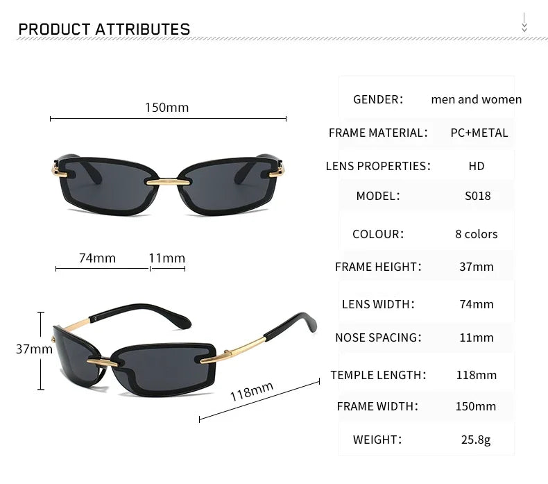 Rimless Y2K Style Sunglasses Rectangle Fashion Popular Women Men Shades Square Sun Glasses for Female Male Oculos Metal Frame