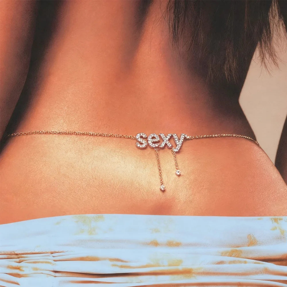 Sexy Rhinestone Letter Belly Chain, Adjustable Crystal Waist Jewelry, Summer Beach Bikini Body Accessory for Women & Girls.