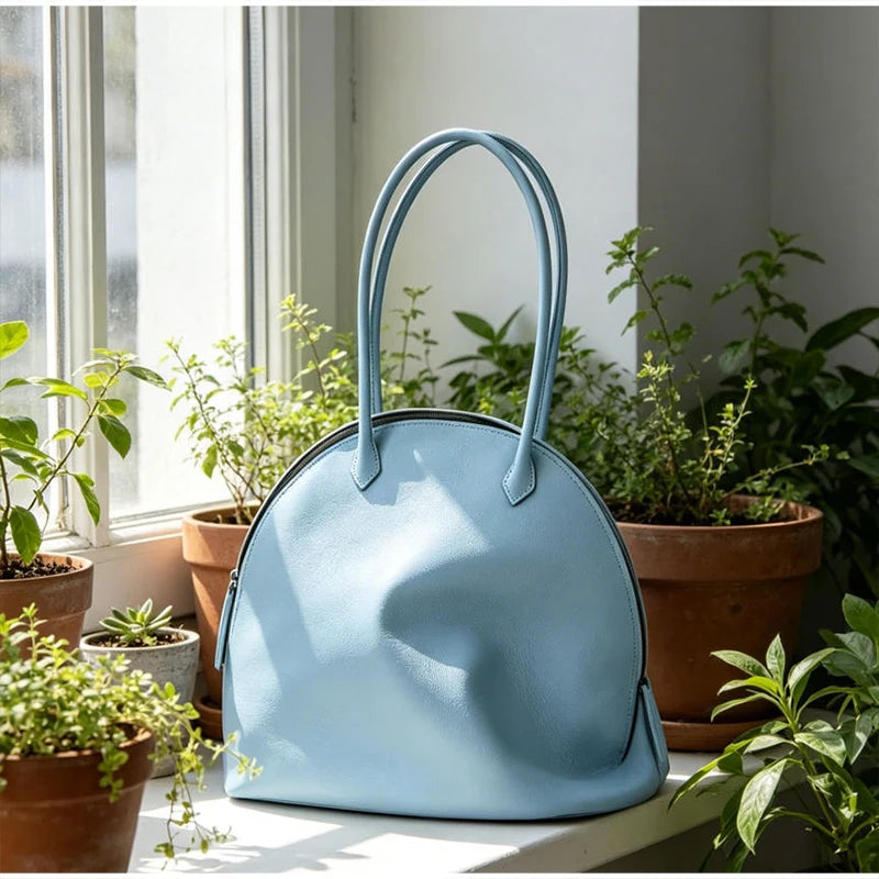 Fashion Luxury Seashell Shoulder Bag Korean Style Solid Color Minimalist Handbag Zippered Large Capacity Soft Leather Tote Bag