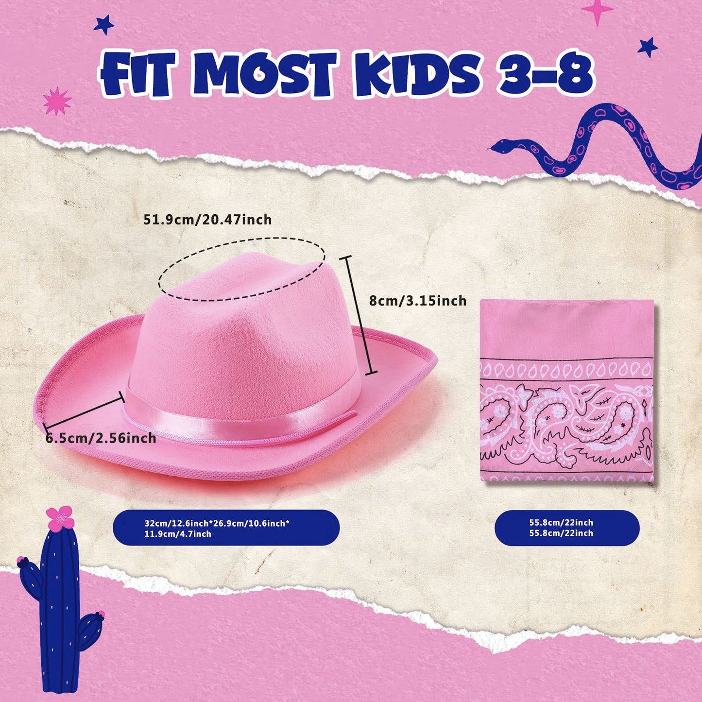 Kids Cowgirl Costume Western Hat Bandana Set Halloween Cosplay Outfits Role Play Accessories