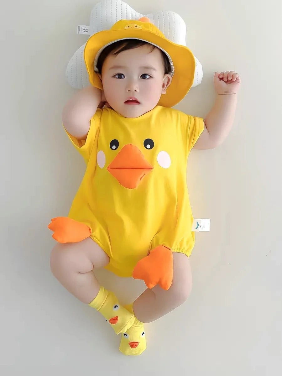 Infant Baby Clothes Adorable 3D Duck Girl Boy Romper Summer Lightweight 100% Cotton Jumpsuit w/ Hat & Socks Role Play Costume