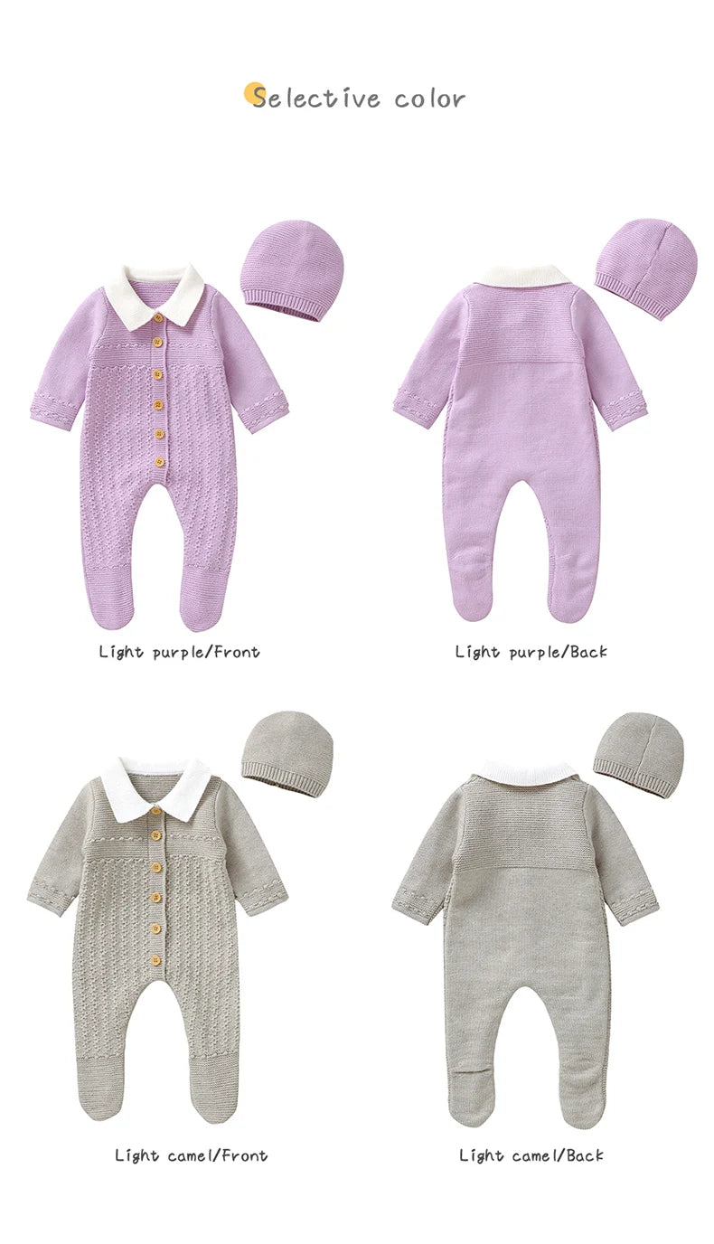 Baby Rompers Set Knit Infant Children Clothes Hat 0-9M Fashion Solid Newborn Girls Jumpsuit Long Sleeve Overalls Pantyhose 2pcs