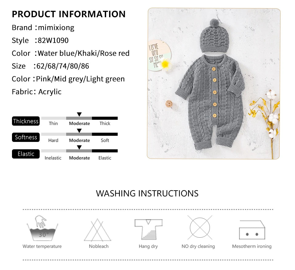 Winter Baby Rompers Clothes Solid Long Sleeve Knitted Newborn Boys Girls Jumpsuits Hats Outfits Sets 0-18m Autumn Infant Costume