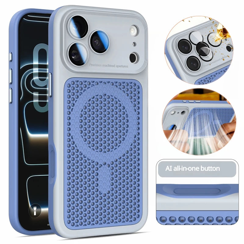 Heat Dissipation Mesh Magnetic Case for iPhone 17 15 14 13 12 16 Pro Max Plus For Magsafe Lens Protector Shockproof Bumper Cover