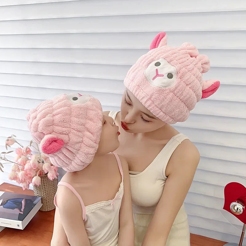 Coral Fleece Cartoon Kids Hair Drying Hat Animal Embroidered Shower Cap Absorbent Quick Dry Tape Cute Bathroom Accessory Soft