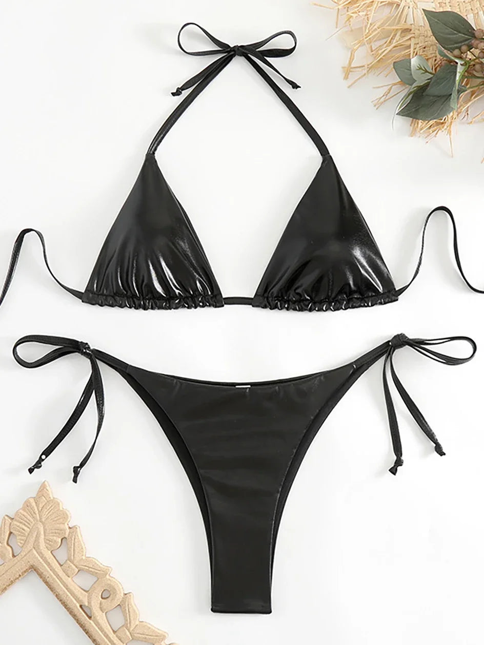 Sexy Metallic Halter Bikinis Sets Lace Up Triangle Tie Side Bikini 2026 Swimsuit Women Swimwear Brazilian Female Bathing Suits