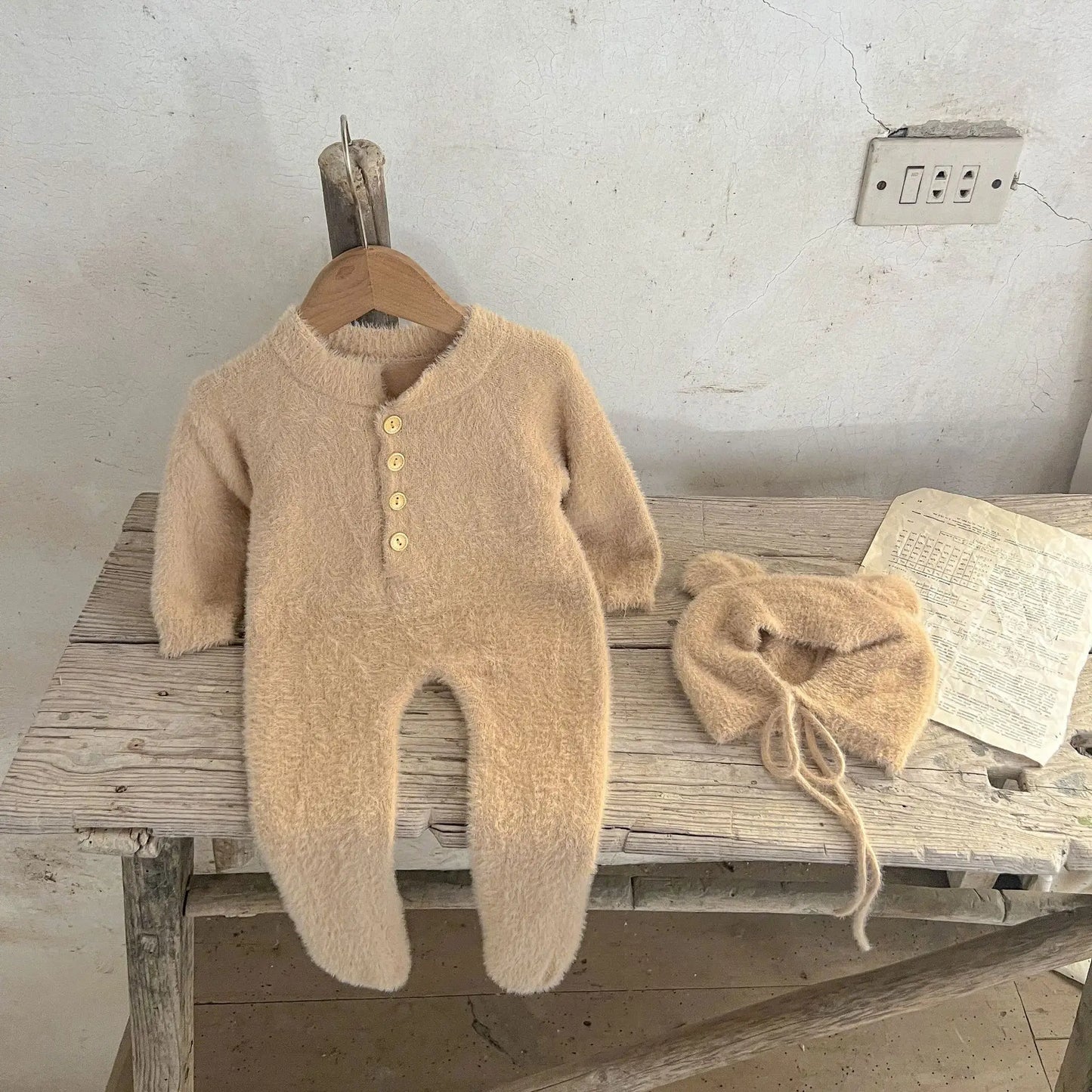 Newborn Baby Winter Jumpsuit Mink Cashmere Cute Bear Ear Hooded Onesie with Hat 0 - 3Y Baby Boys Girls Warm Footed Romper