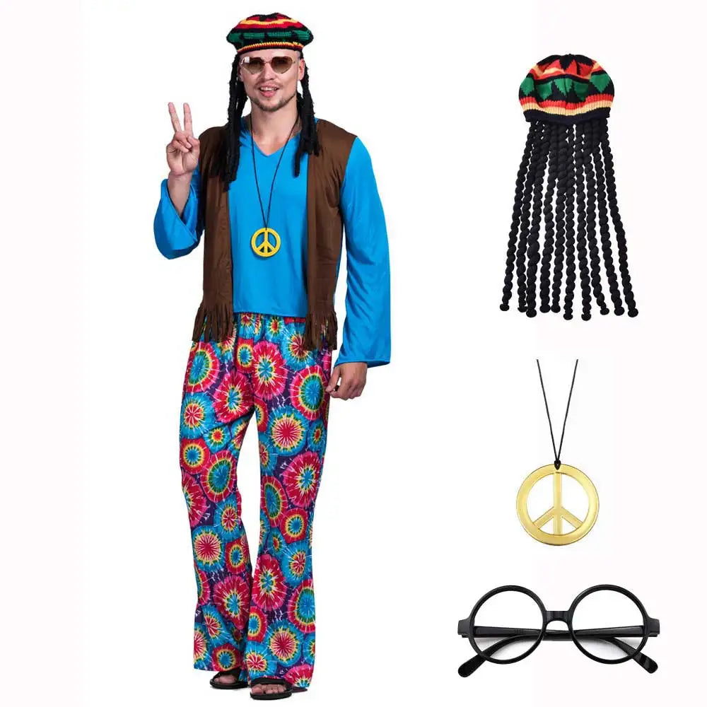 Halloween Hippie Costume Men 60s 70s Hippie Set Pants Shirt Fringe Vest Glass Frame Necklace Rasta Hat Dreadlocks
