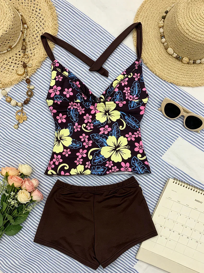 Retro Hawaiian Style Women Tankini Swimwear Floral Halter V Neck Shir Top Matching Brown Short Bottom Self Tie Waist Beach Suits