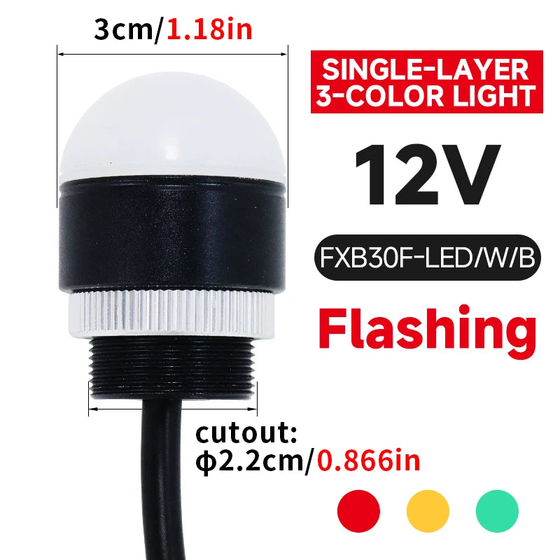 30mm Mini Tri‑Color LED Warning Light 12V24V Waterproof Signal Indicator Lamp for CNC Machine Tool Equipment Industrial Machiner