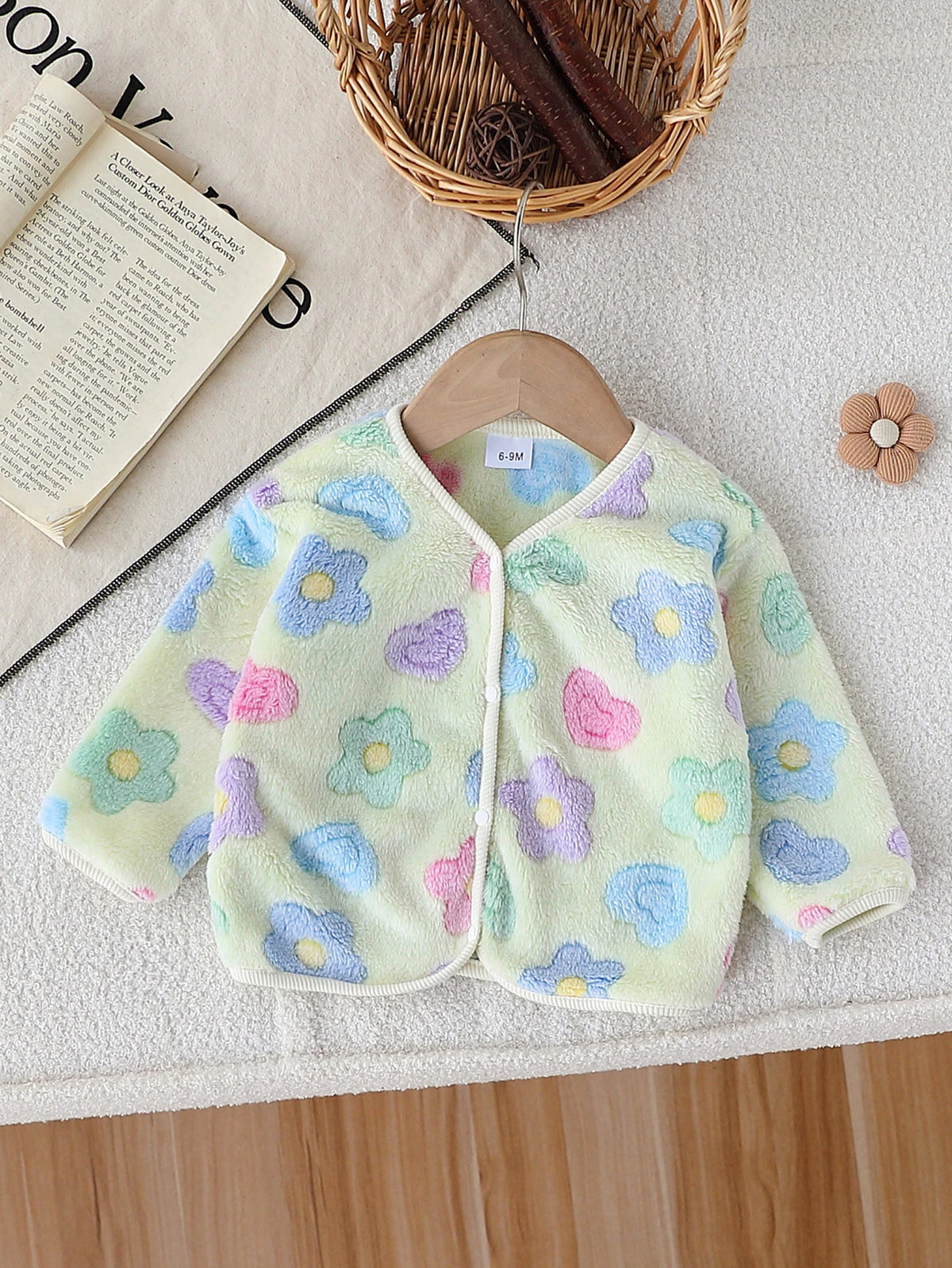 Baby Girl's Autumn Winter Plush Coat Cute Casual Colorful Flower Design Front Open Button Long Sleeve Jacket for Toddlers