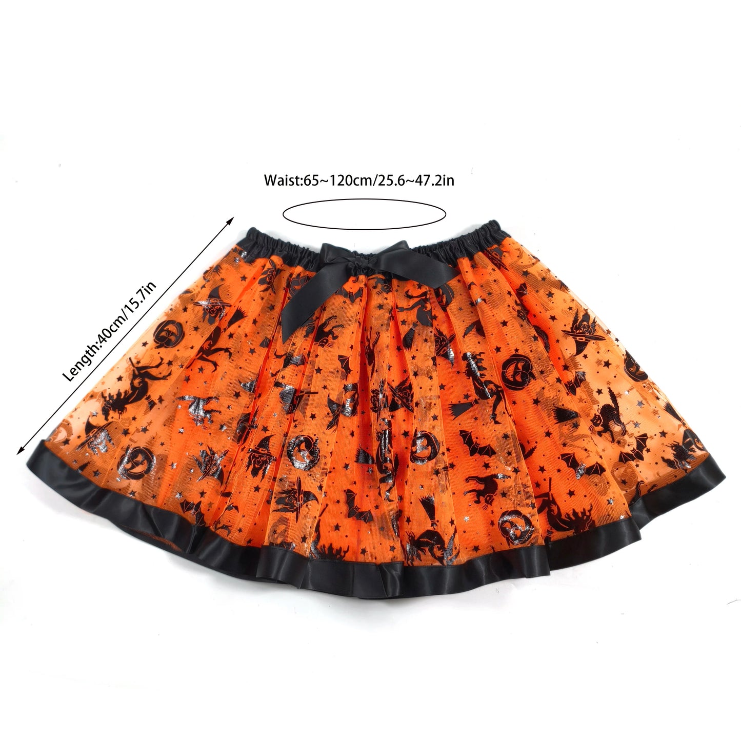 Halloween Adults Tulle Skirt Adorned with bats pumpkins stars this orange tulle skirt has a black bow waist  trim