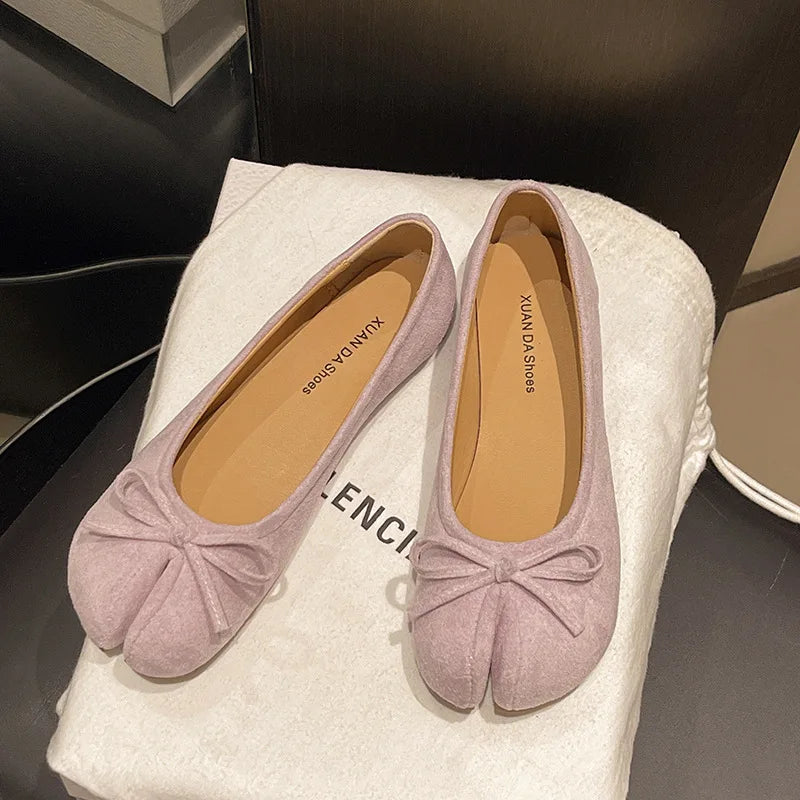 Fashion Suede Split Toe Women Bow Tabi Ballet Flats Spring Autumn Comfortable Walking Lazy Loafers Casual Girls Dance Shoes