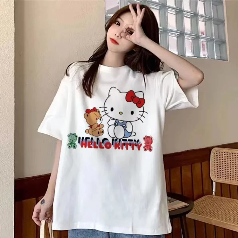 Kawaii Hello Kitty Children's Y2K Korean Cotton Tops Anime Kawaii Summer Loose Oversized Women's Couples Fashion Cotton T-shirt