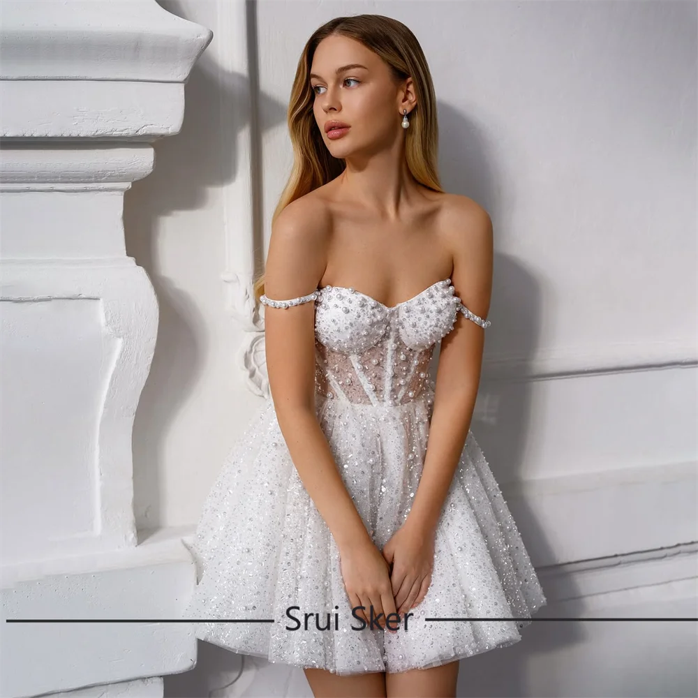 Spaghetti Straps Beading Wedding Party Dress with Sequin Pearls Sleeveless Short Wedding Gowns Lace up Mini Bridal Gown