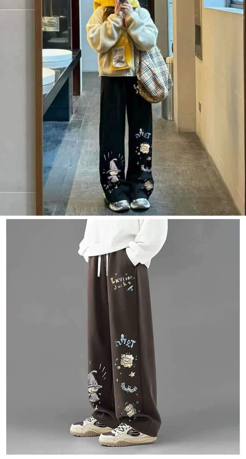 American Retro Graffiti Print Casual Pants for Men, Spring and Autumn Trendy Brand Loose Plus-size Straight Wide-leg Long Pants