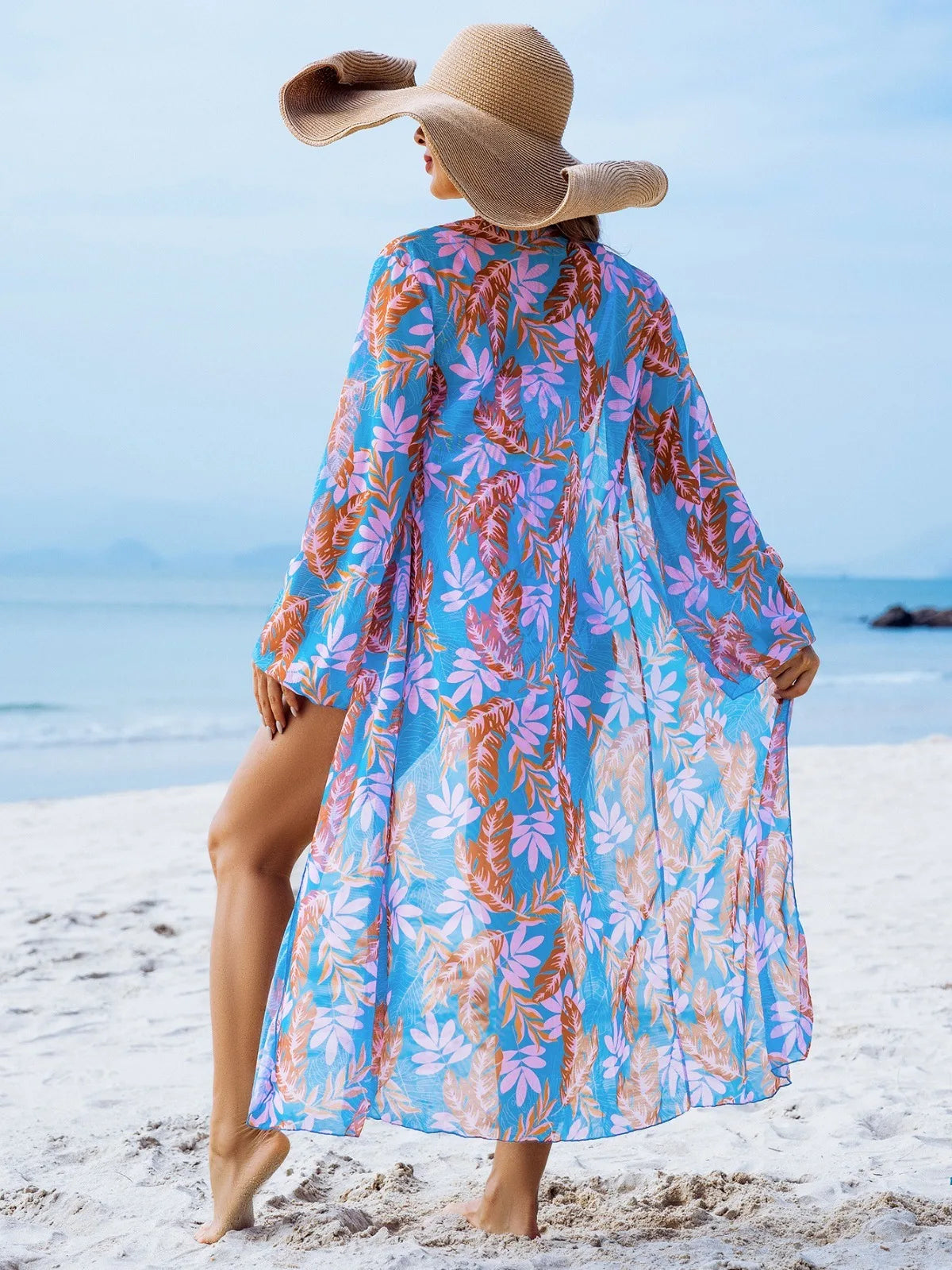 Women 3 Pieces Underwire Floral Bikini Set V Neck High Waist Swimsuit With Long Sleeve Kimono Cover Up Beach Bathing Suit