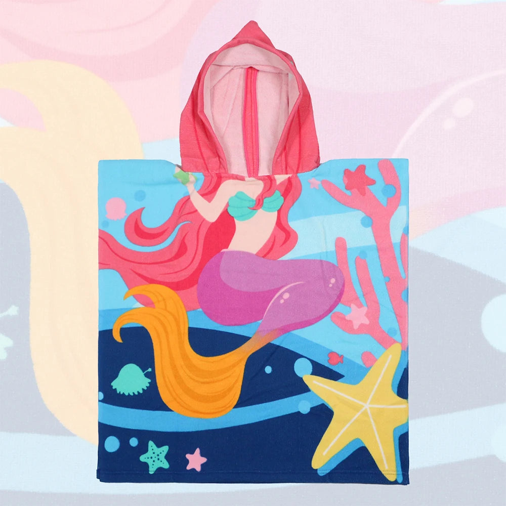 60-120cm Kids Hooded Bath Beach Poncho Towels Baby Quick Dry Bathrobe Child Cartoon Cloak Poncho Towels Microfiber Swim Cover-up