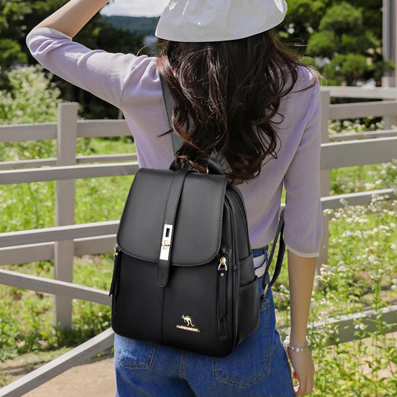 Luxury Women Leather Backpacks for Girls Sac A Dos Casual Daypack Black Vintage Backpack School Bags for Girls Mochila Rucksack