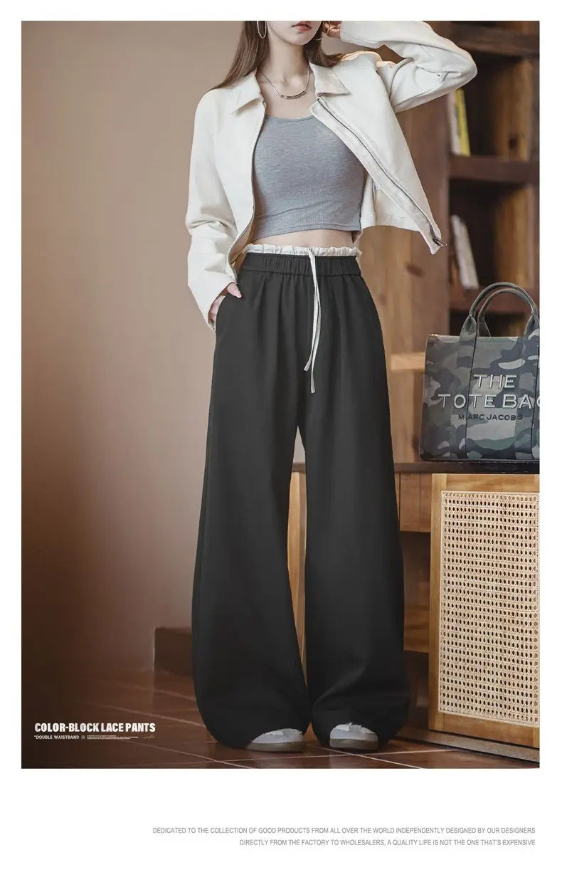Maden Women's Wide Leg Patchwork Pants Black Elastic Waist with Drawstring Trousers Breathable Office Dress Pants for Summer