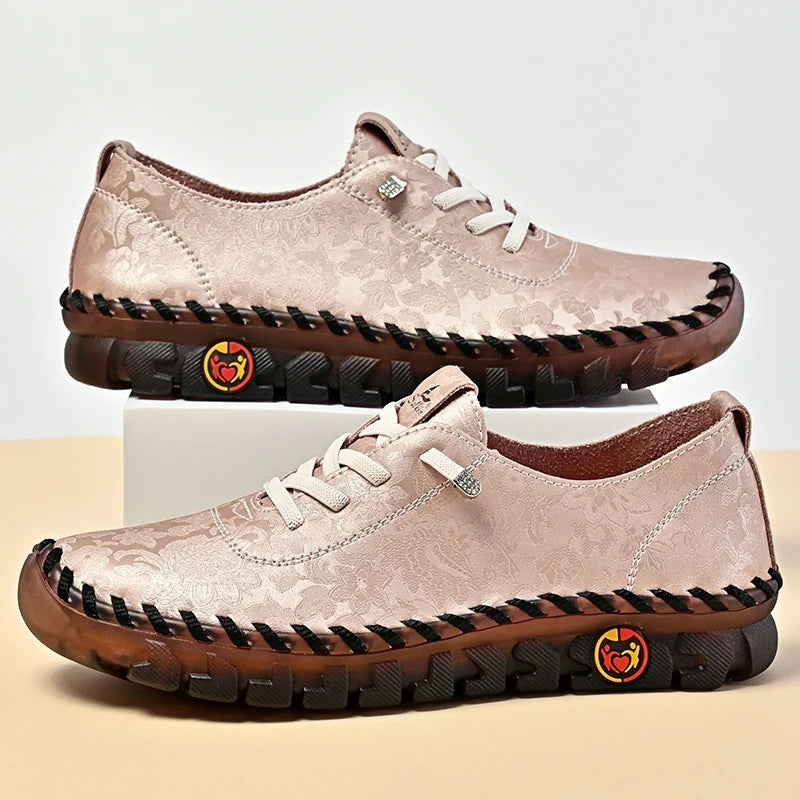 Print Fashion Sneakers Women Hand-stitching Leather Casual Shoes Design Platform Loafers Breathable Flats Shoe Driving Plus Size