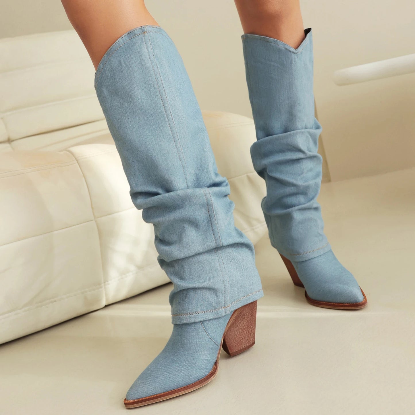 Turned-Over Edge Denim Fashion Sleeve For Women's Knee High Boots Super High Wood Grain Tapered Thick Heel New Winter Boots