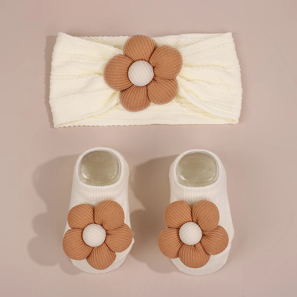2Pcs Set Baby Floral Headbands and Socks Knitted Flower Elastic Hairbands Cute Newborn Girls Photo Props Baby Hair Accessories