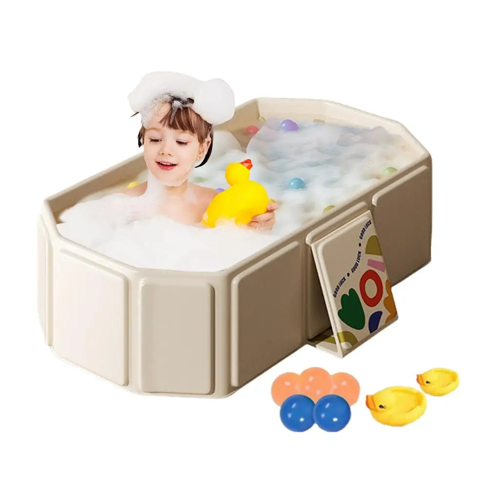Foldable Bathtub for Kids Toddler Bath Tub with Drain Plug Foldable Baby Shower Tub with 5 Balls and 2 Ducks Green White