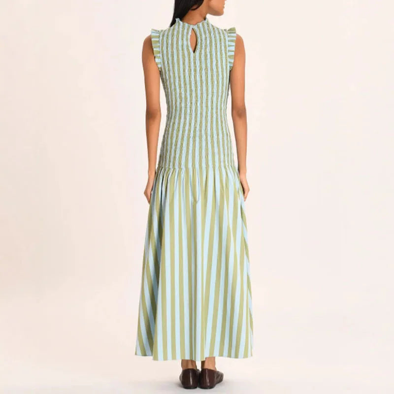 Elegant Striped Print Slim Sleeveless Robe Dress Spring O Neck High Waist Spliced Dress Woman Casual Pleated A-Line Office Dress