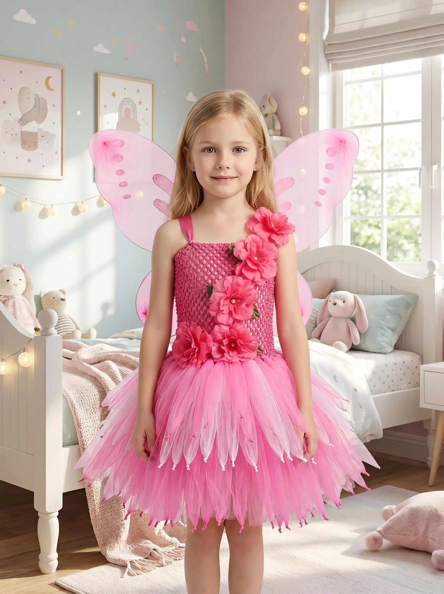 Girls Fairy Costume Princess Dress Kids Butterfly Wing Outfit Tulle Dress Halloween Birthday Party Fancy Dress Carnival Pageant