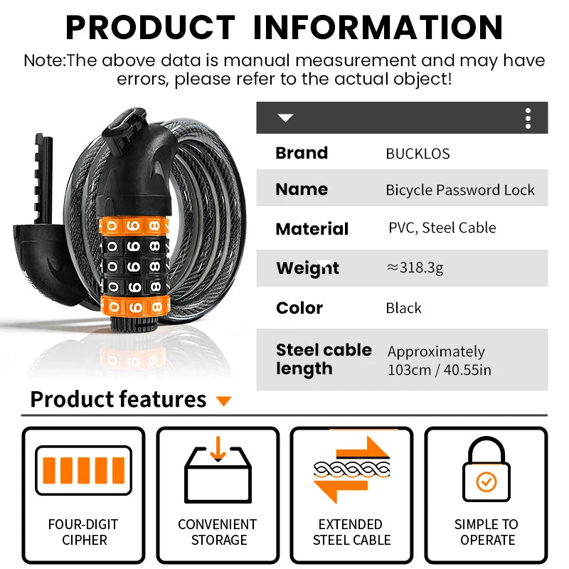 BUCKLOS 5 Digit Anti-theft Bike Password Lock Bicycle Cable Lock Steel Cable Motorcycles Locks 1.2M Zinc Alloy E-Bike Locks