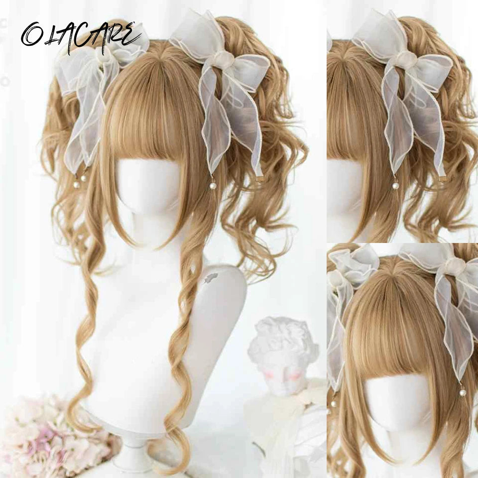 Synthetic Long Curly Wavy Lolita Wig with Bangs Wig Girl Cute Ombre Pink Blonde Black Cosplay Party Halloween Harajuku Wig